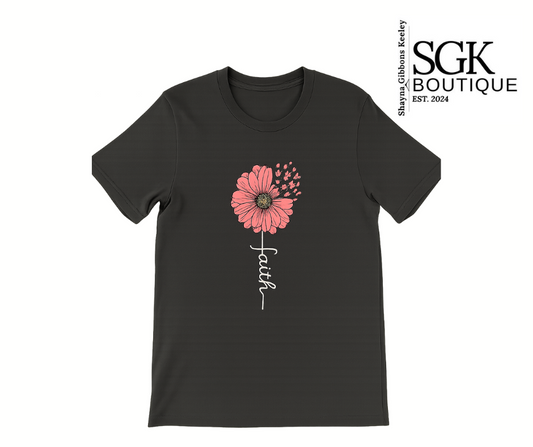 Grey t-shirt with a pink flower and 'faith' text on a white background, featuring SGK Boutique logo.