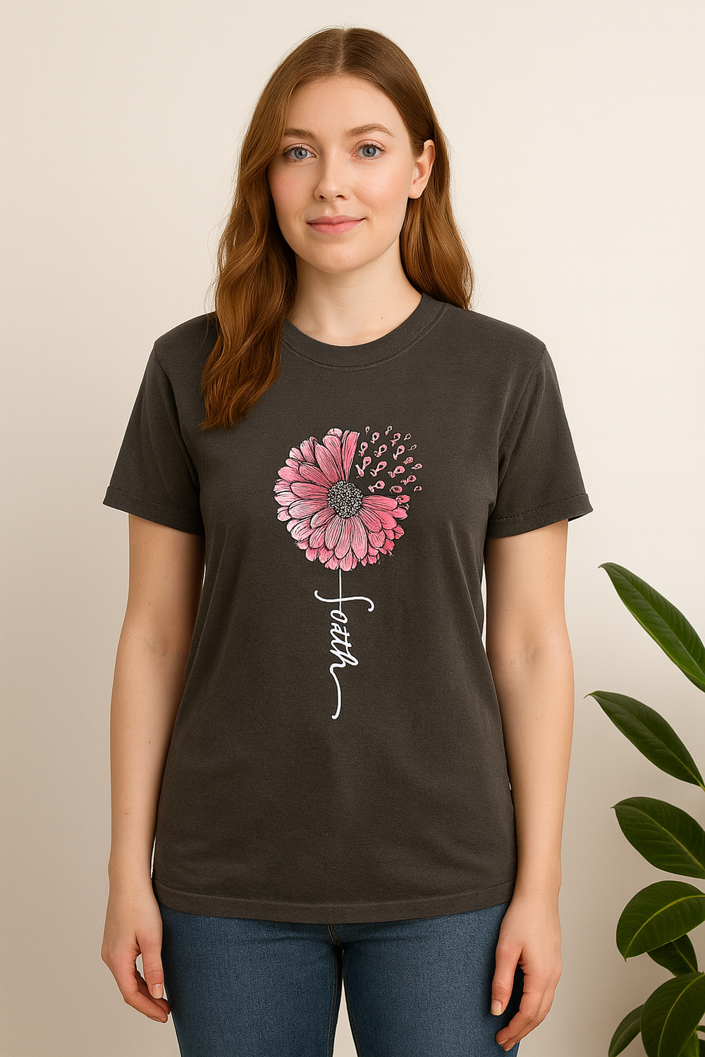 Person wearing a dark gray t-shirt with a pink flower and 'faith' text design.
