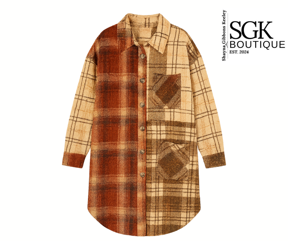 Plaid shirt dress with brown and beige pattern on a white background, featuring SGK Boutique logo.