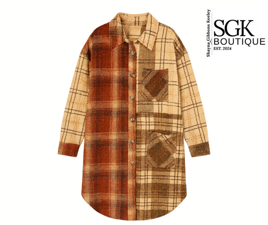 Plaid shirt dress with brown and beige pattern on a white background, featuring SGK Boutique logo.