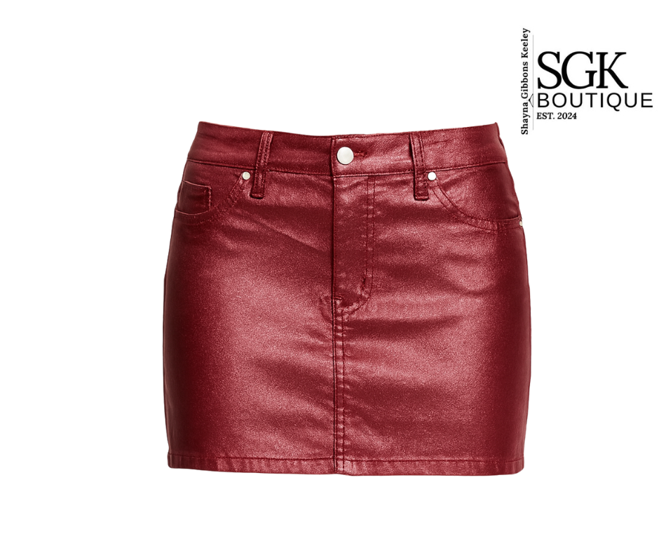Red denim skirt on a white background with SGK Boutique branding.