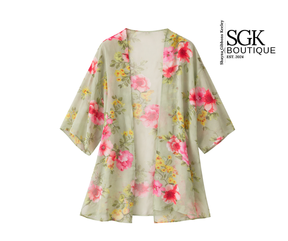Floral kimono-style garment on a white background with SGK Boutique logo.