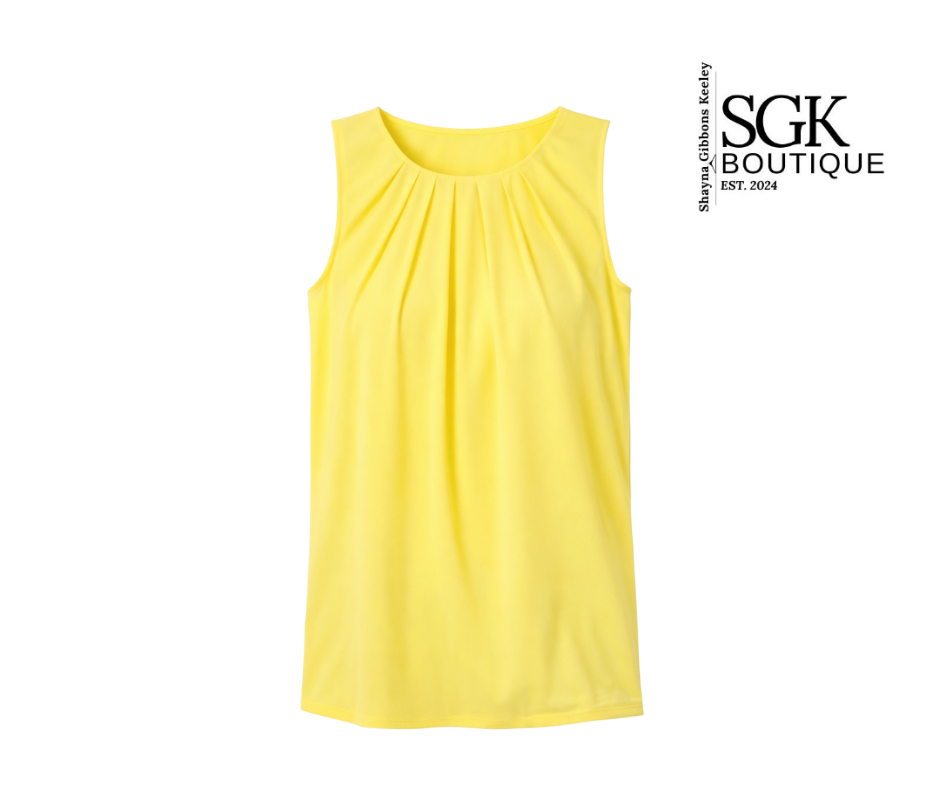 Yellow sleeveless top on a white background with SGK Boutique logo.