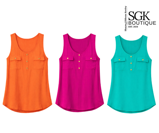 Three colorful tank tops in orange, pink, and blue on a white background with SGK Boutique branding.