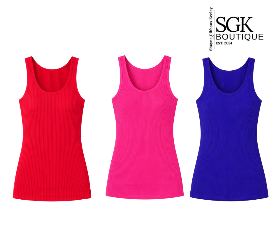 Three tank tops in red, pink, and blue on a white background with SGK Boutique branding.