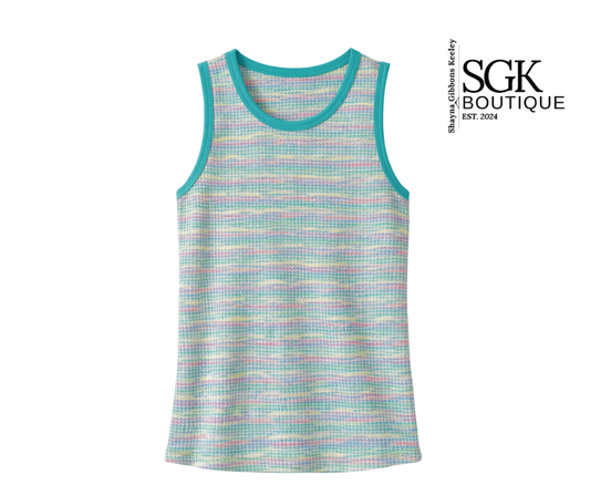 Multicolored tank top with teal trim on a white background, featuring the SGK Boutique logo.