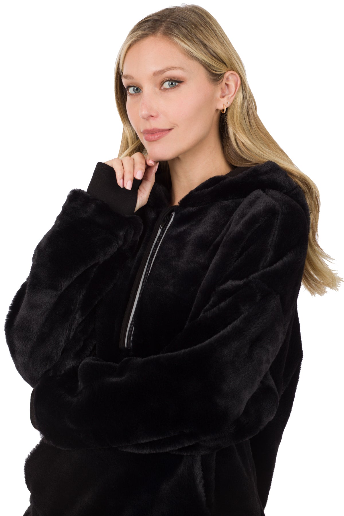 FAUX FUR HALF ZIP THUMBHOLE HOODIE