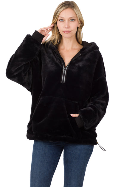 FAUX FUR HALF ZIP THUMBHOLE HOODIE