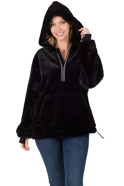 FAUX FUR HALF ZIP THUMBHOLE HOODIE