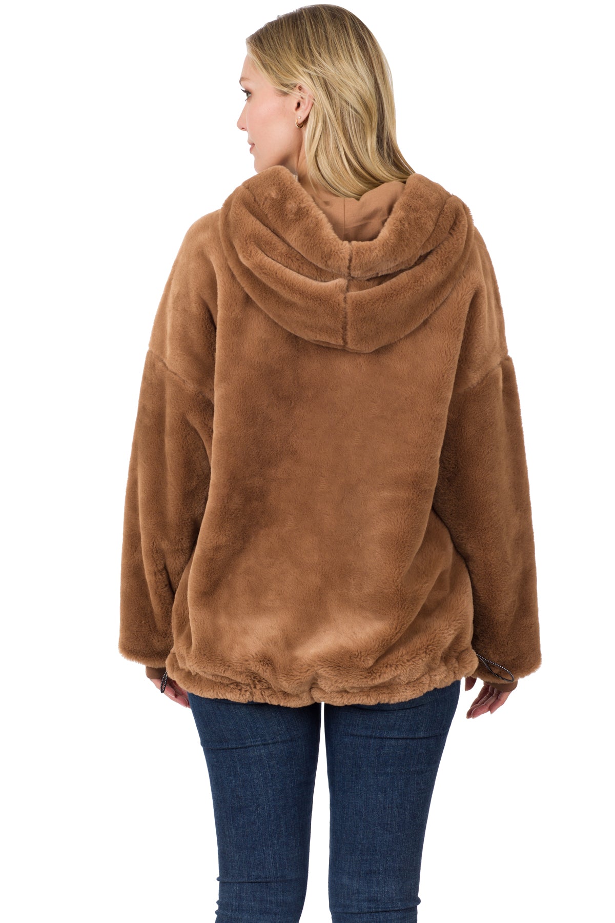 FAUX FUR HALF ZIP THUMBHOLE HOODIE