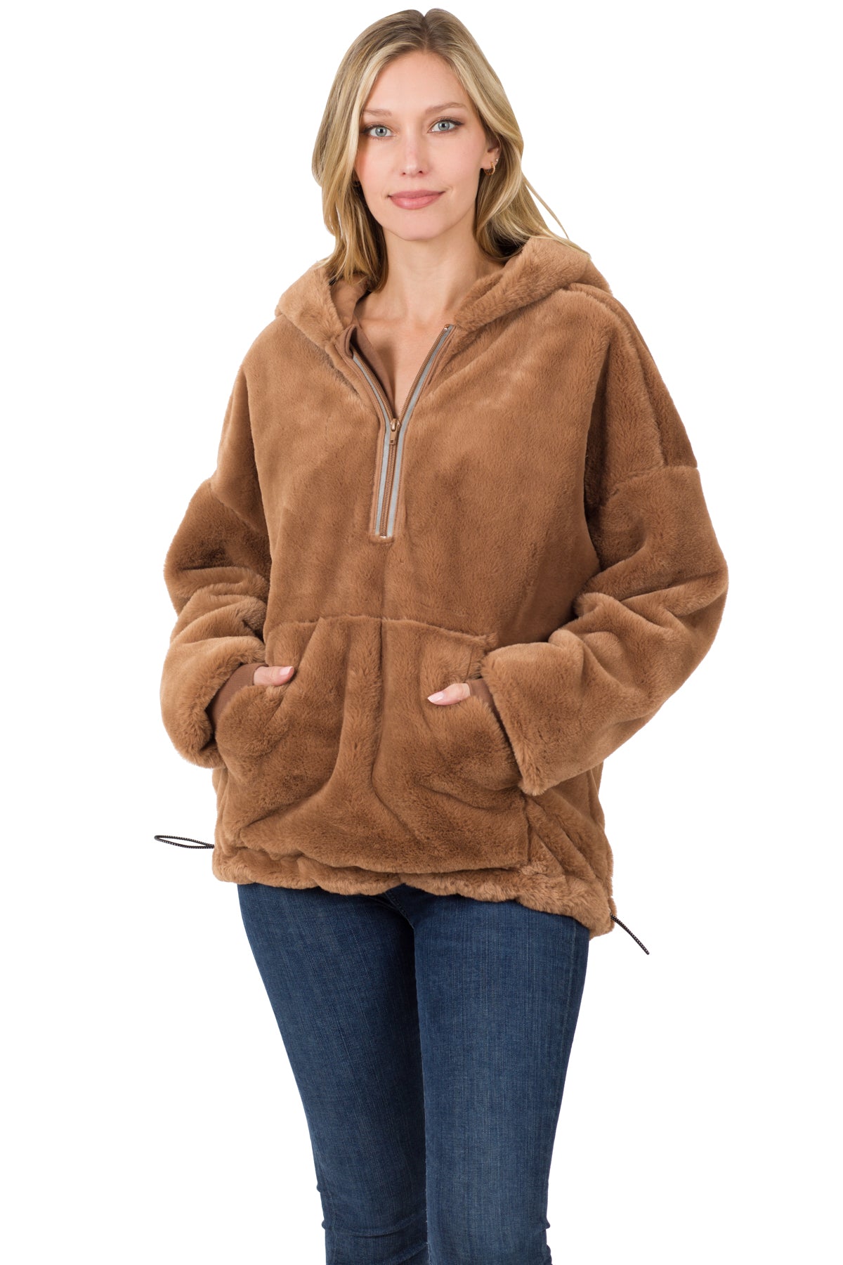 FAUX FUR HALF ZIP THUMBHOLE HOODIE