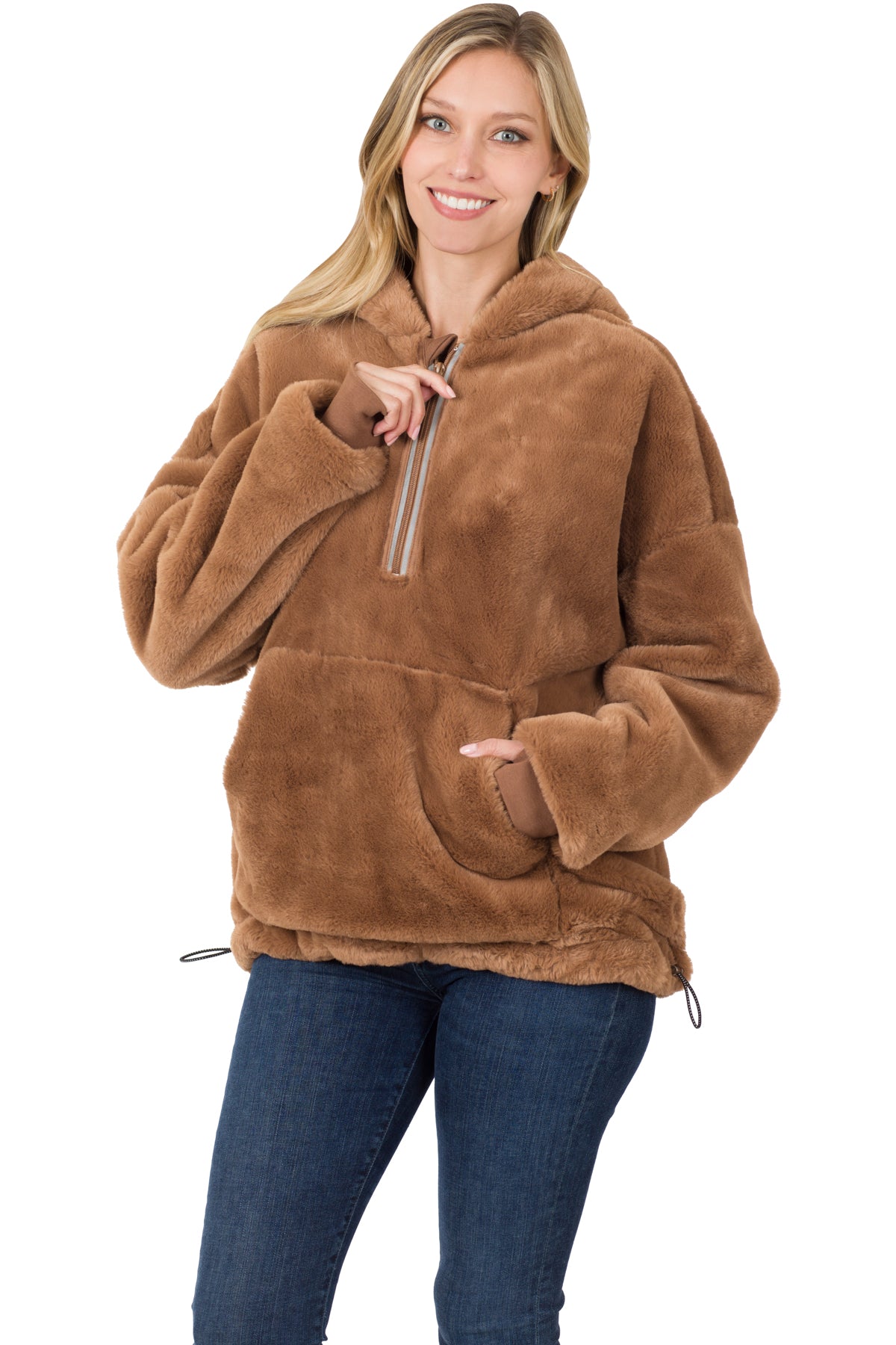 FAUX FUR HALF ZIP THUMBHOLE HOODIE