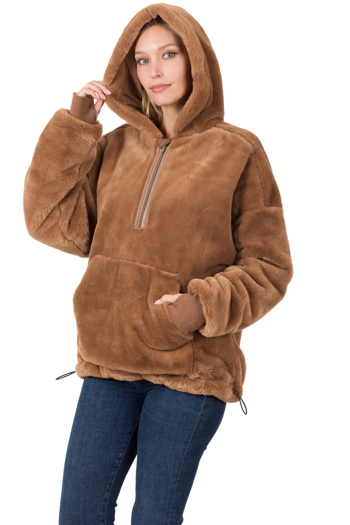 FAUX FUR HALF ZIP THUMBHOLE HOODIE