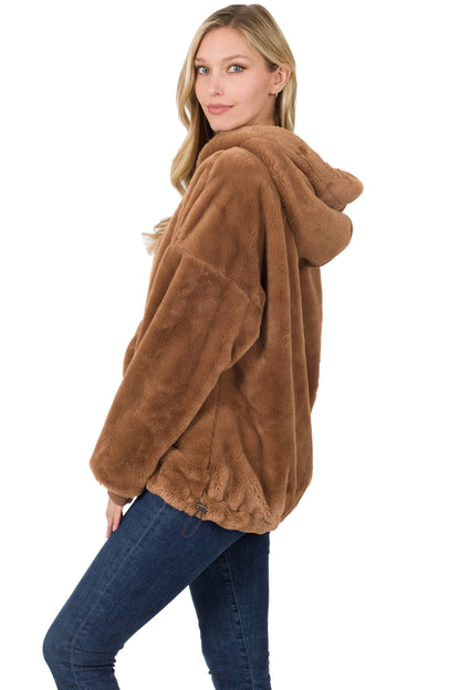 FAUX FUR HALF ZIP THUMBHOLE HOODIE