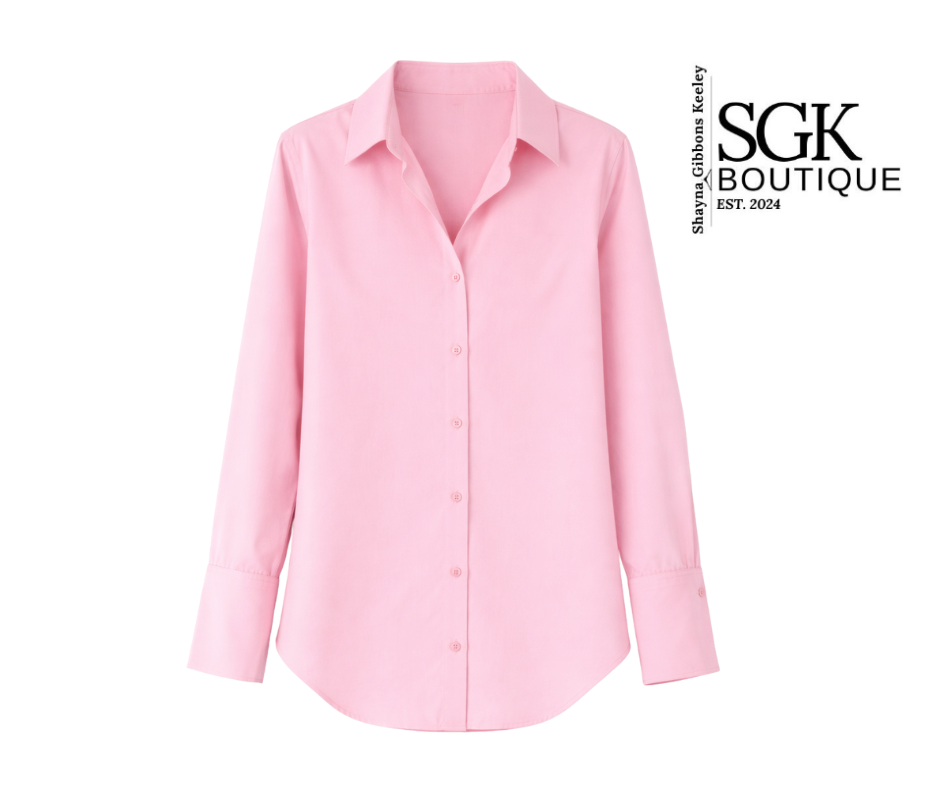 Pink shirt on a white background with SGK Boutique logo.