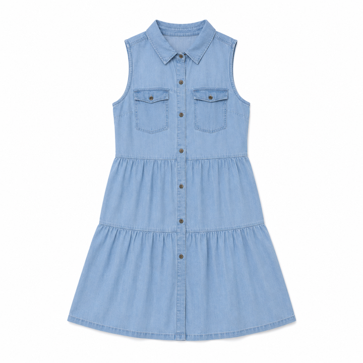 Light blue denim dress with button details on a white background
