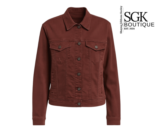 Brown denim jacket on a white background with SGK Boutique logo.
