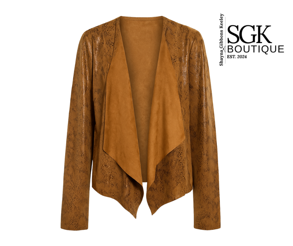 Camel suede jacket on a white background with SGK Boutique logo.