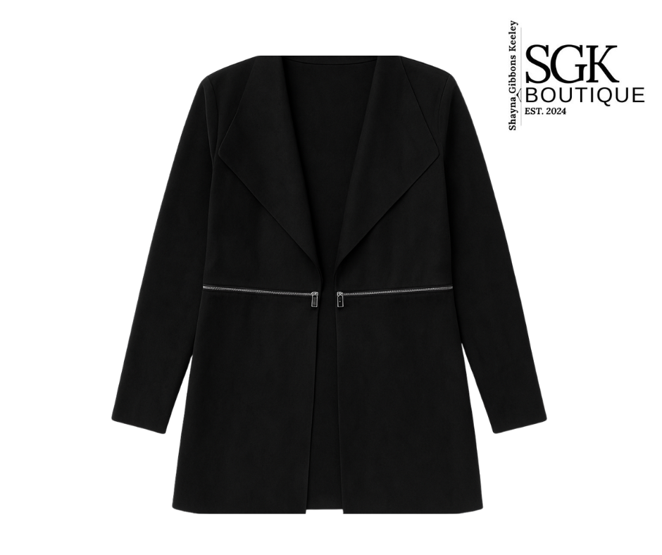 Black coat with a zipper on a white background, featuring the SGK Boutique logo.