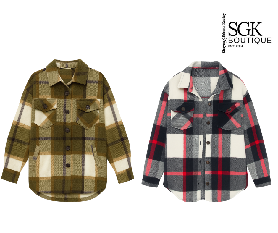 Two plaid shirts, one green and brown, the other red and gray, with SGK Boutique logo.