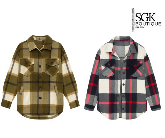 Two plaid shirts, one green and brown, the other red and gray, with SGK Boutique logo.