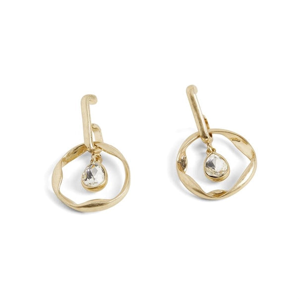Gold earrings with teardrop-shaped gemstones on a white background