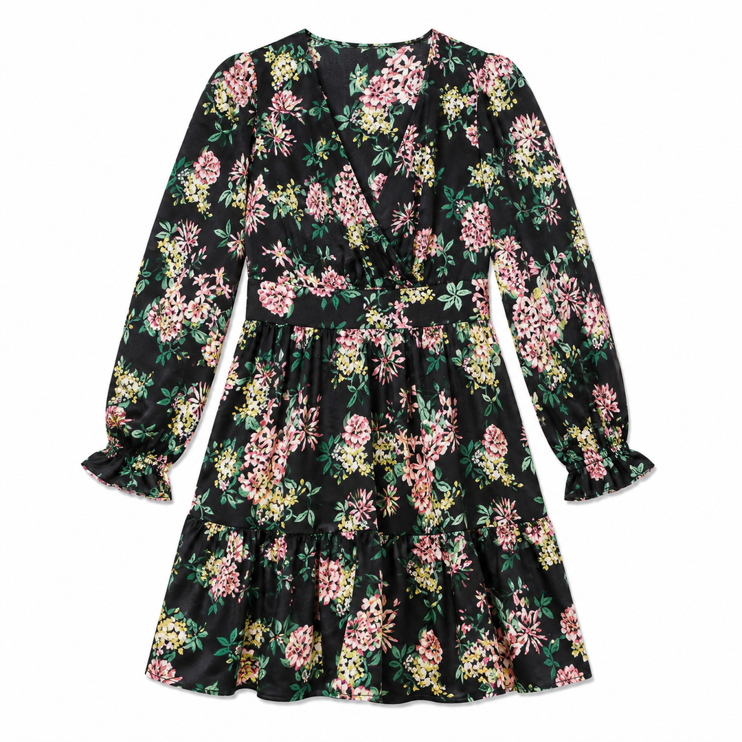 Floral dress with long sleeves on a white background