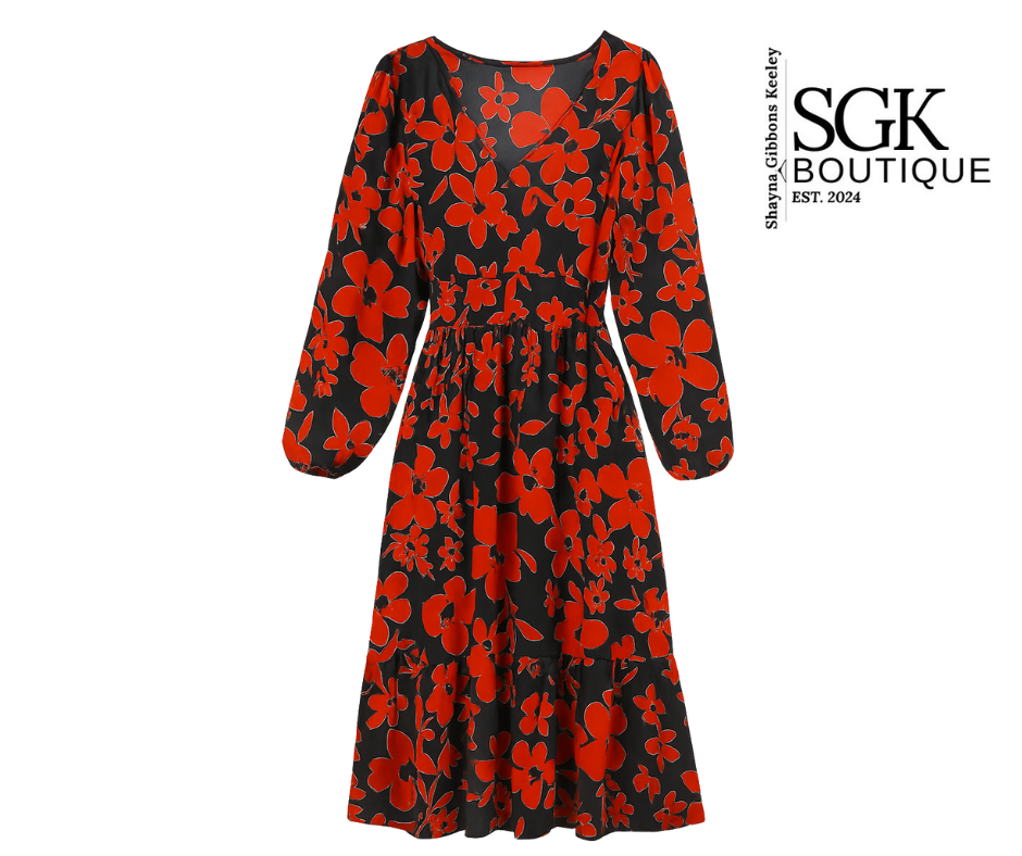 Red floral dress on a white background with SGK Boutique logo.