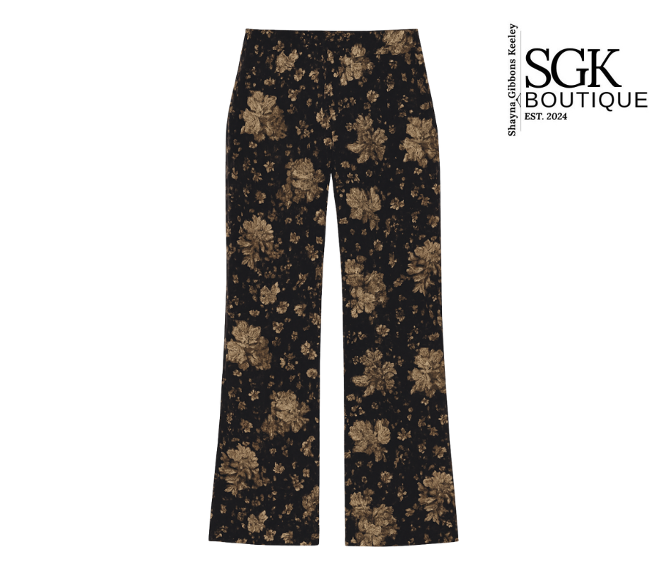 Floral-patterned pants on a white background with SGK Boutique logo.