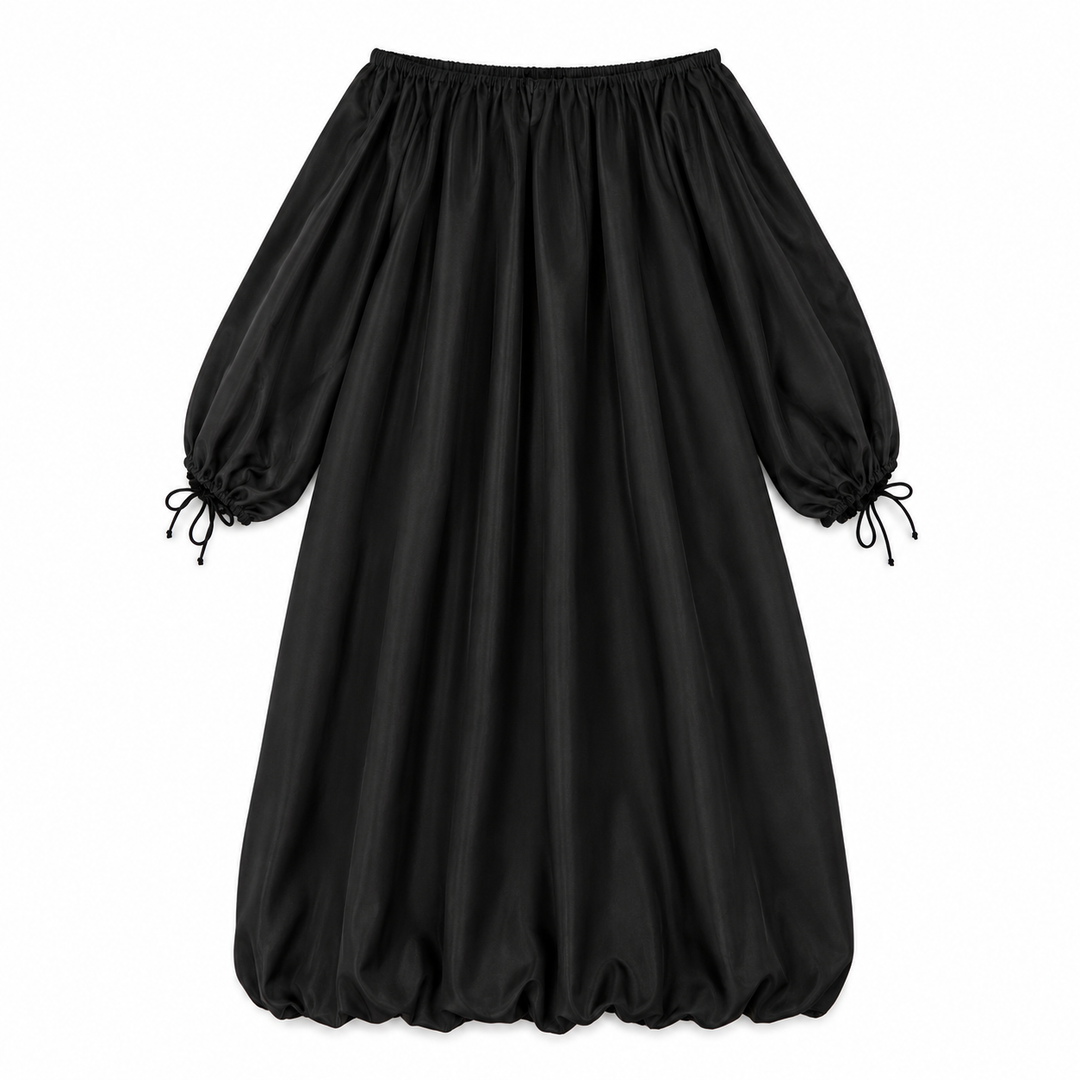 Black off-shoulder dress with balloon sleeves on a white background