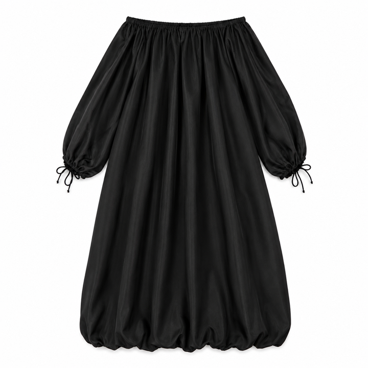 Black off-shoulder dress with balloon sleeves on a white background