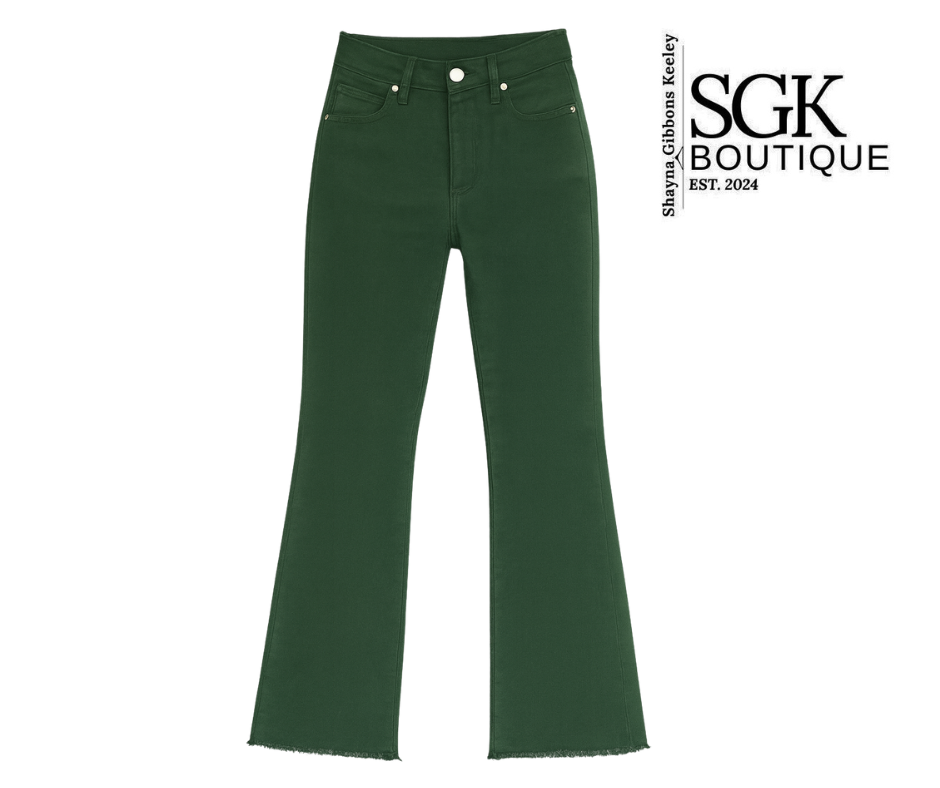 Green jeans with SGK Boutique logo on a white background