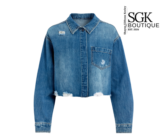 Blue denim jacket on a white background with SGK Boutique logo.
