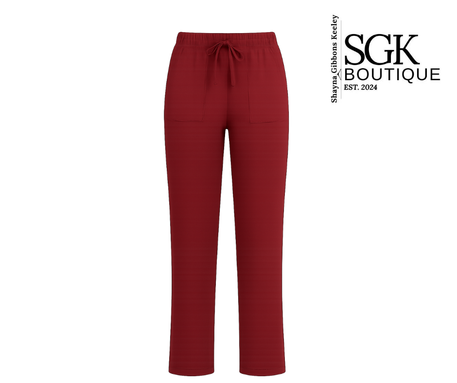 Burgundy pants with a drawstring on a white background, featuring the SGK Boutique logo.