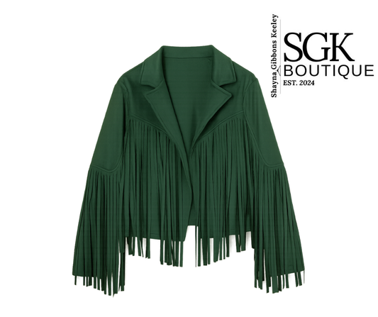 Green fringed jacket on a white background with SGK Boutique branding.