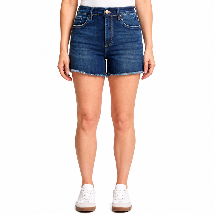 Person wearing blue denim shorts on a white background