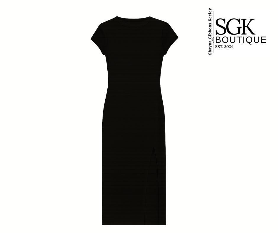 Black dress on a white background with SGK Boutique logo.
