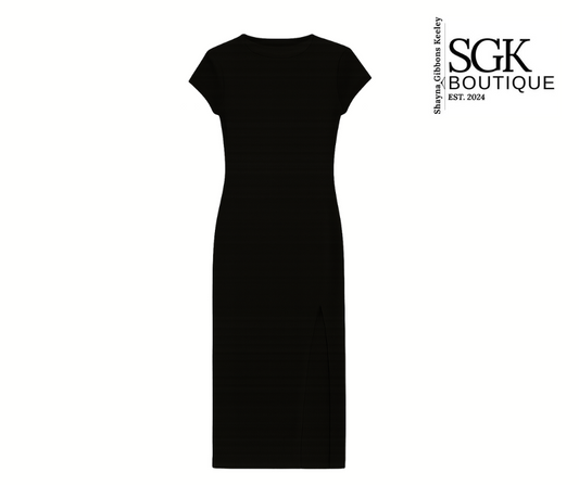 Black dress on a white background with SGK Boutique logo.