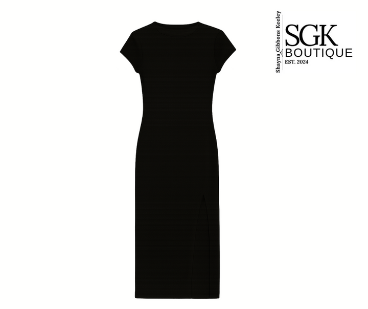 Black dress on a white background with SGK Boutique logo.
