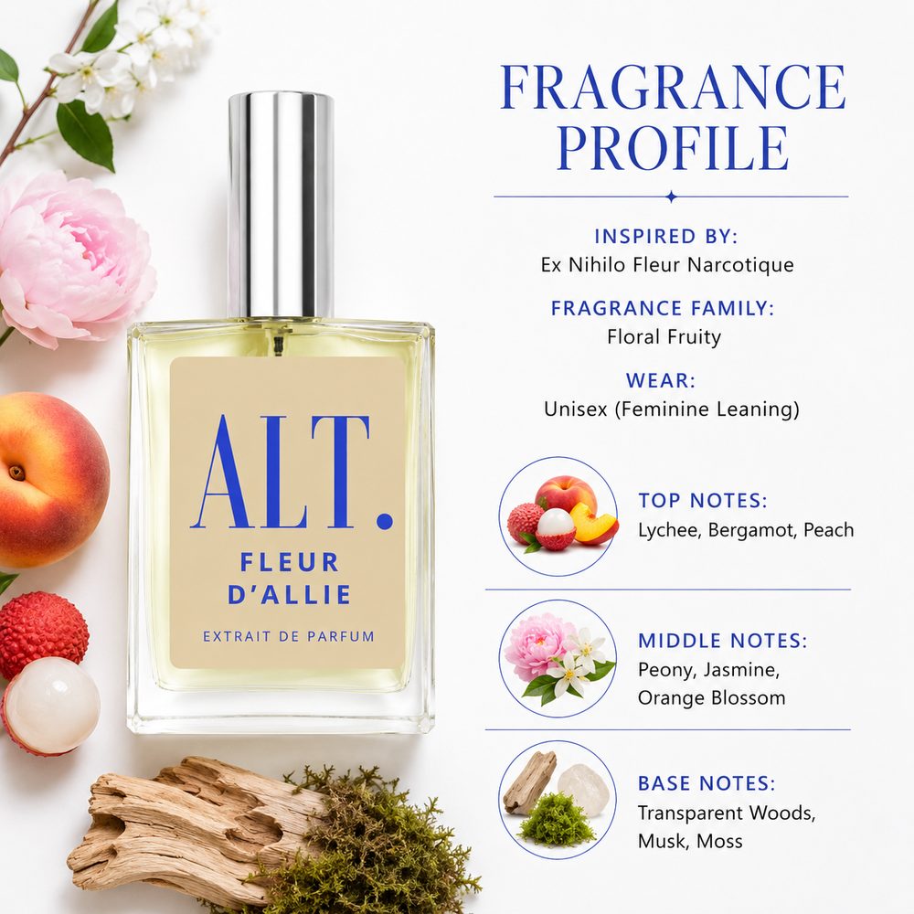 A perfume bottle labeled ALT. Fleur D'Allie Extrait de Parfum stands on a white background beside fruit, flowers, wood, and moss, with text describing the fragrance profile and top/middle/base notes.