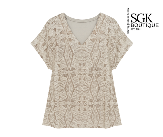 Silver patterned top on a white background with SGK Boutique logo.