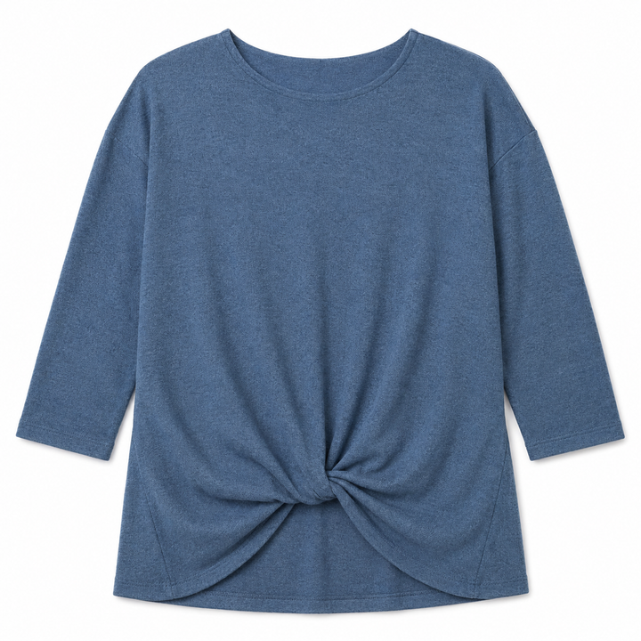 A heathered slate blue long-sleeve top with a twisted knot detail at the front hem, displayed flat against a solid white background.
