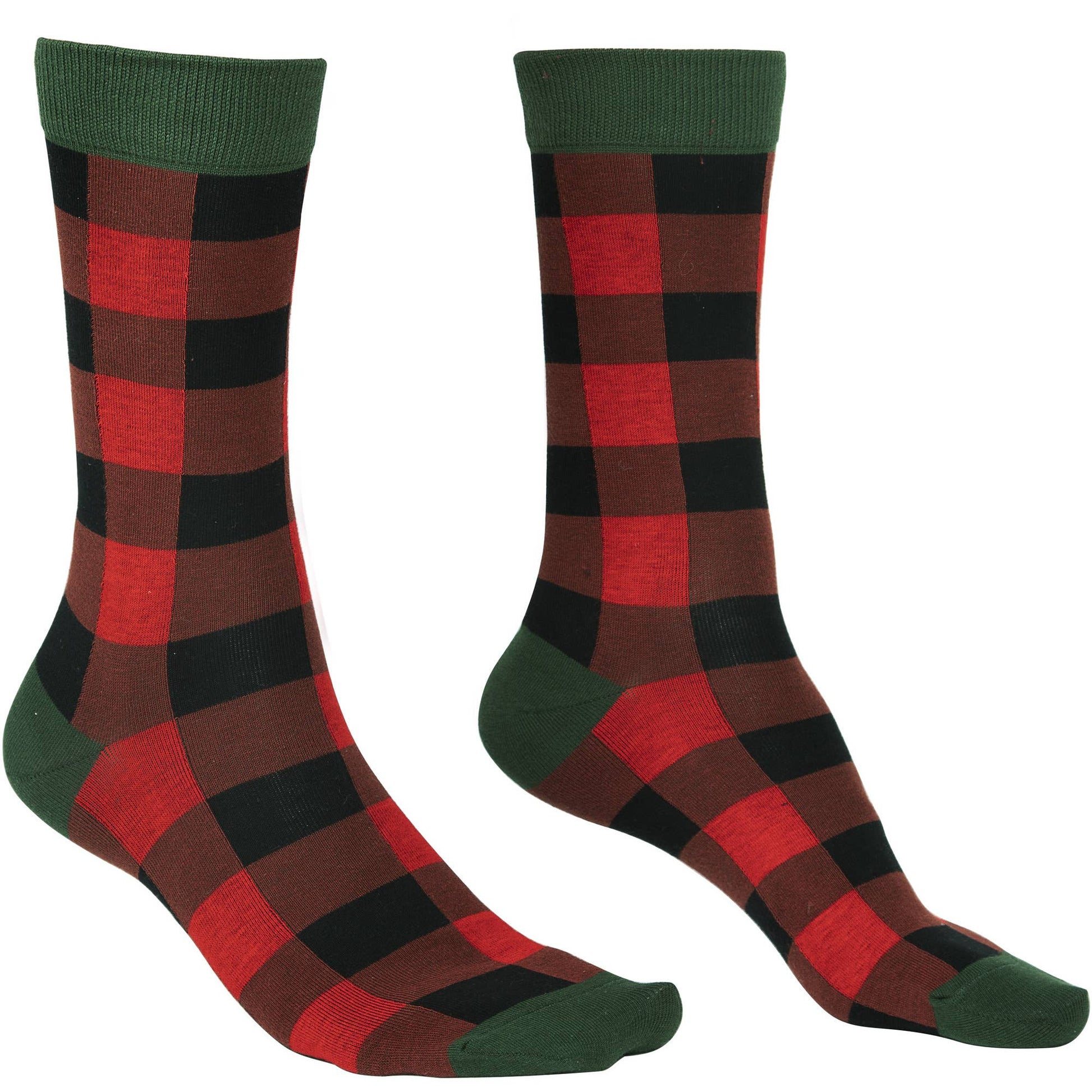 Pair of red, green, and black checkered socks on a white background