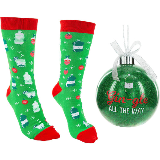 Green socks with red accents and a green ornament with 'Gin-gle All The Way' text on a white background.