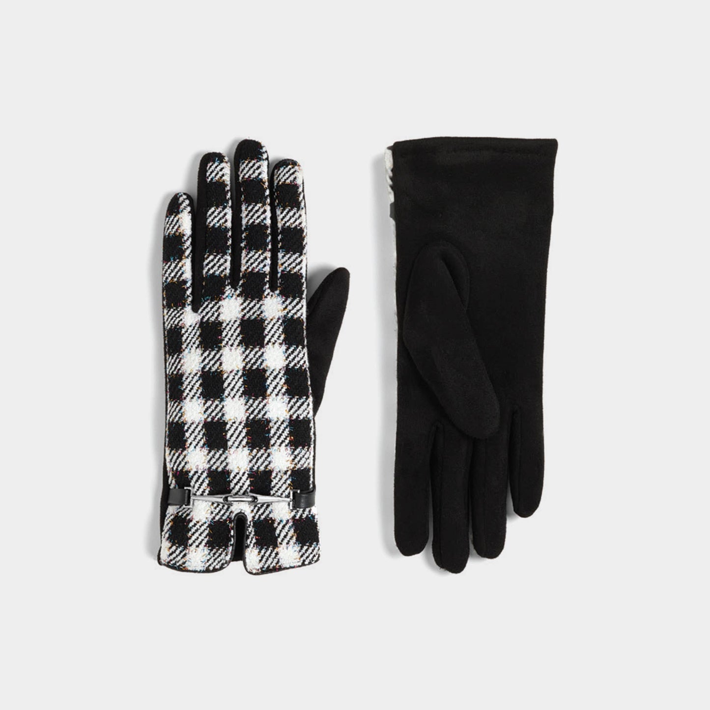Black and white checkered gloves on a light gray background