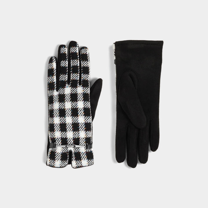 Black and white checkered gloves on a light gray background