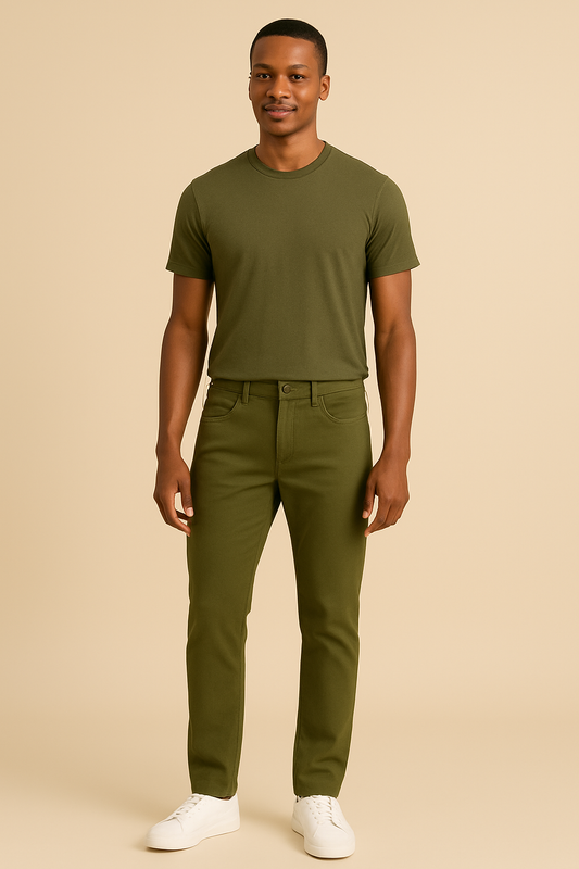 Man wearing a green t-shirt and pants on a beige background