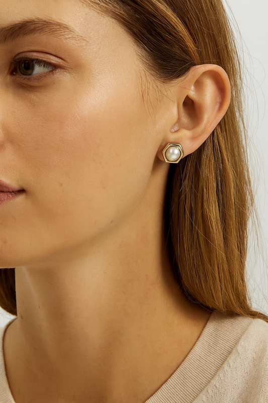 Hexagon Pearl Stud Earrings