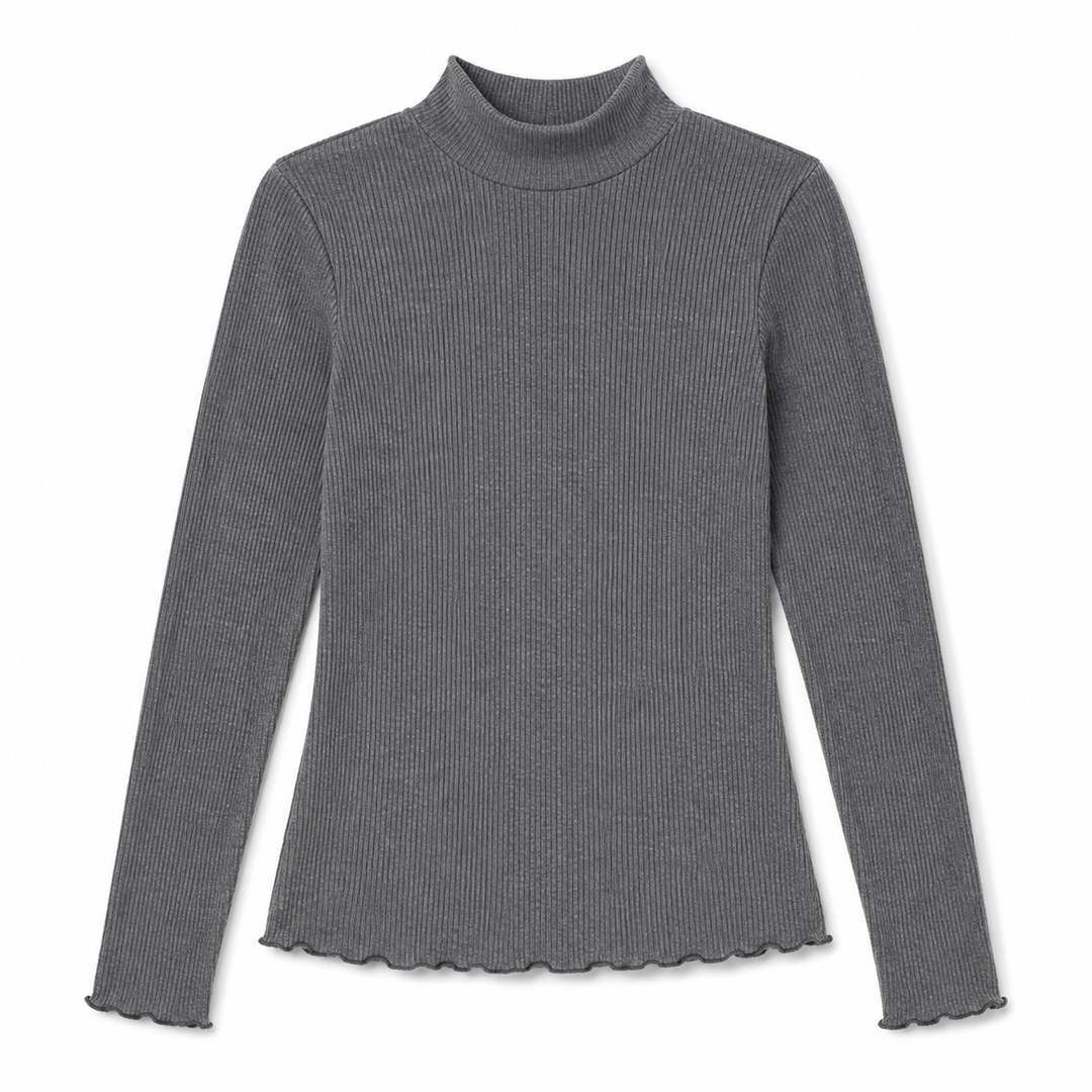 A dark gray ribbed long-sleeve mock neck top with a scalloped hem, displayed flat against a white background.