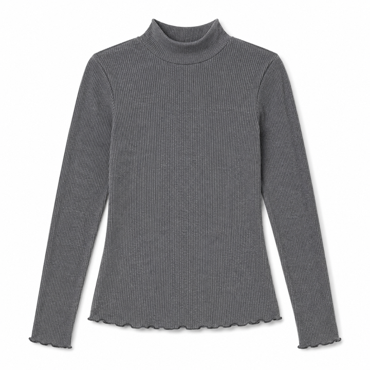 A dark gray ribbed long-sleeve mock neck top with a scalloped hem, displayed flat against a white background.
